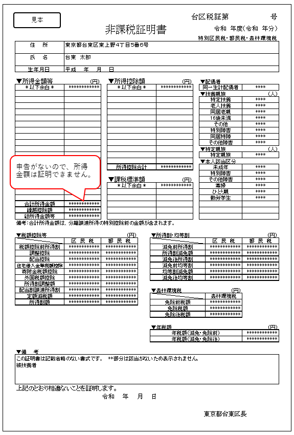 被扶養者の非課税証明書の見本